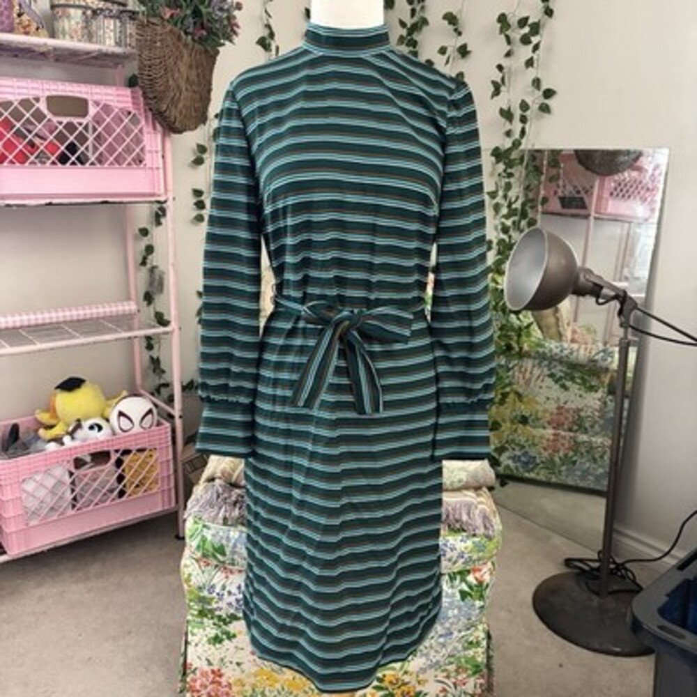 Rare 60s True Vintage Striped Knit Dress Green Teal Mod Wiggle Dress Size S
